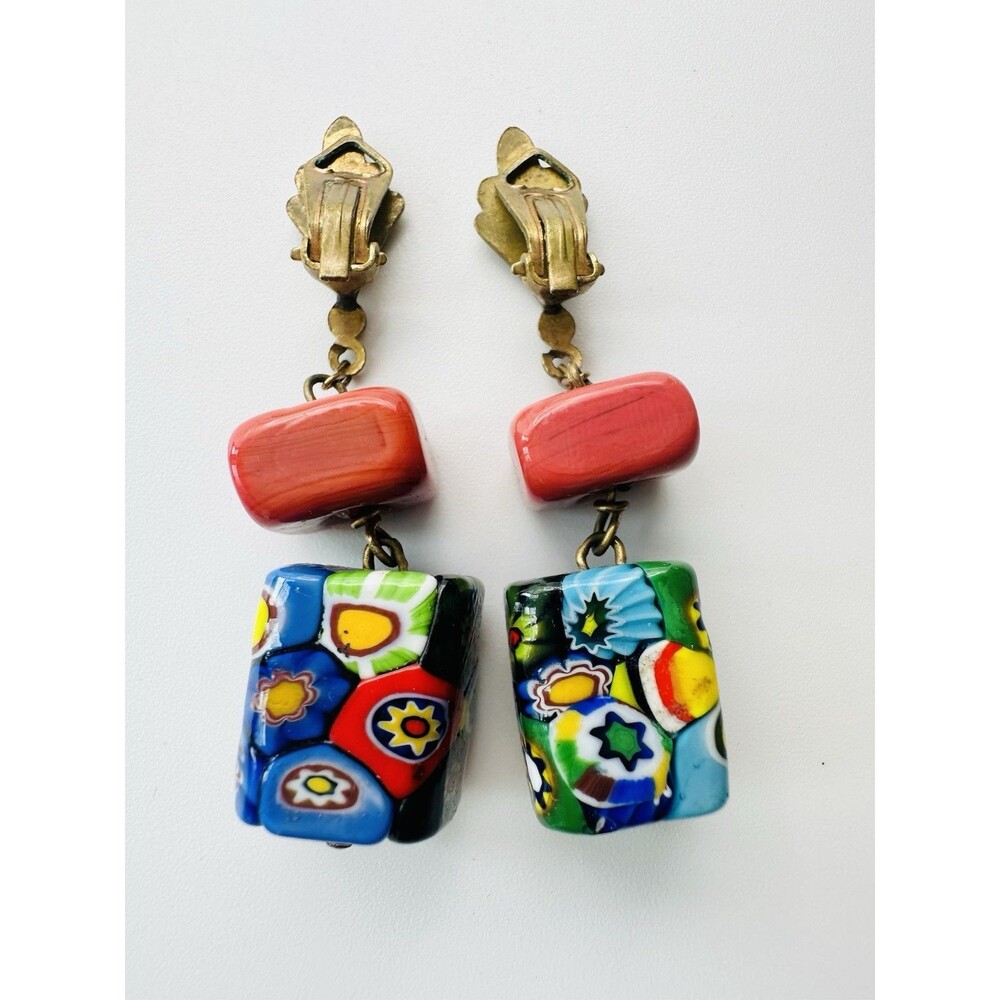 Vintage Millefiori Murano Art Glass Dangle Clip-on Earrings